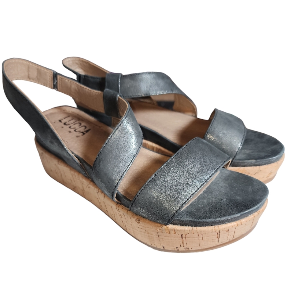 Lucca Lane Olympia Metallic Gray Leather Cork Platform Sandals Size 7.5
